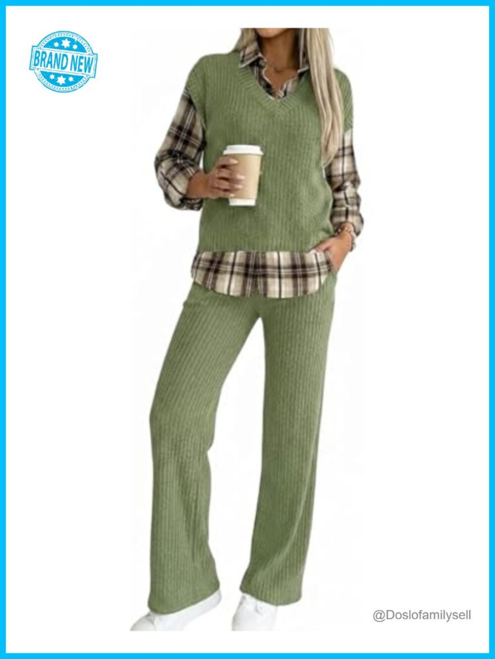 Women's 2 Piece Plaid Spliced Turn-Down Collar Ribbed Set